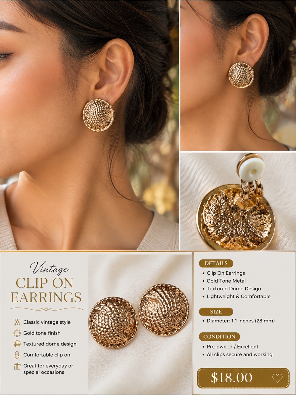 Gold Textured Dome Clip-On Earrings